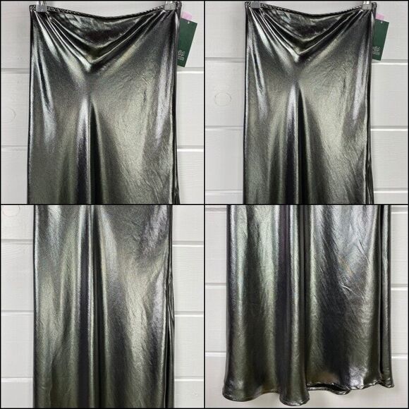 Y2K Metallic Silver Glam Trumpet Maxi Skirt XXS ALine Futuristic Y3K NYE Holiday - Picture 11 of 12